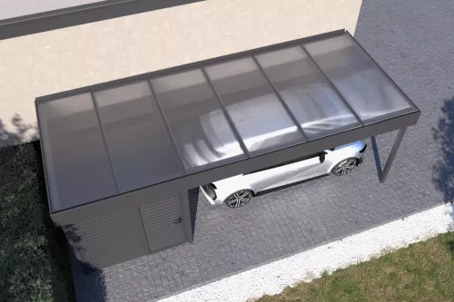 Anlehncarport STUK mit Geräteraum und Acrylglasdach