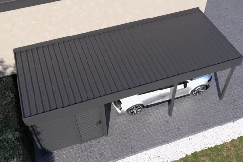 Anlehncarport STUK mit Geräteraum und festem Dach