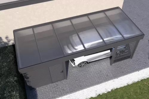 Anlehncarport STUK mit Geräteraum und Wänden mit Acrylglasdach