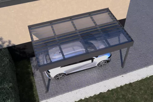 Anlehncarport STUK nach Maß mit Polycarbonat-Trapezplattendach