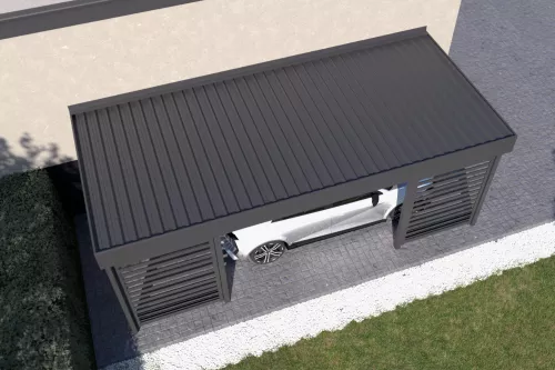Anlehncarport STUK mit Sichtschutz und festem Dach