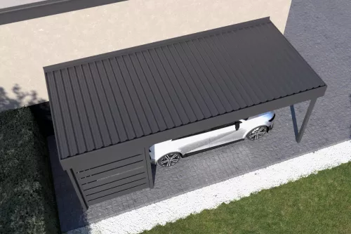 Anlehncarport STUK mit Wandverkleidung und festem isoliertem Dach