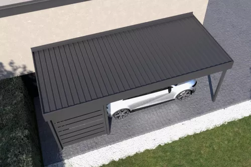 Anlehncarport STUK mit Wandverkleidung und festem Dach