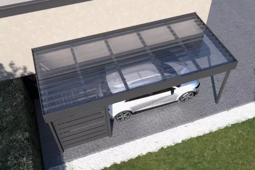 Anlehncarport STUK mit Sichtschutz und Polycarbonat-Trapezplattendach