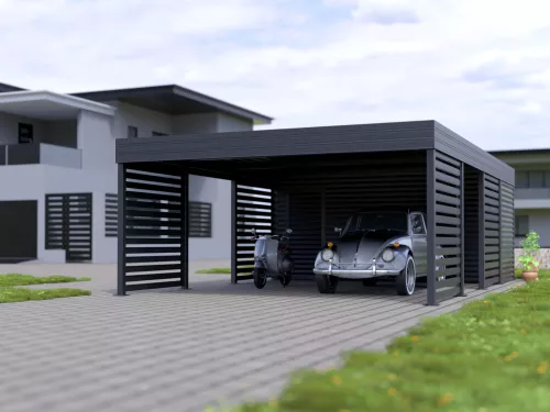 Doppelcarport STUK mit Abstellraum und Wänden