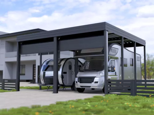 Doppelcarport STUK für Wohnmobil mit Garagentor