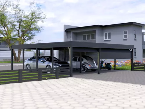 Doppelcarport STUK mit Garagentor und Geräteschuppen