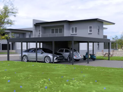 Doppelcarport STUK mit Geräteschuppen