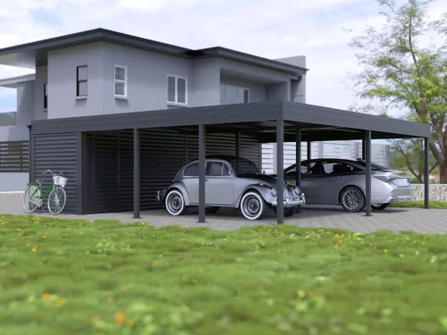 Dreiercarport STUK mit Schuppen