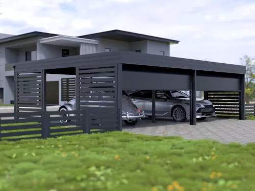 Dreiercarport STUK mit Garagentor und Sichtschutz