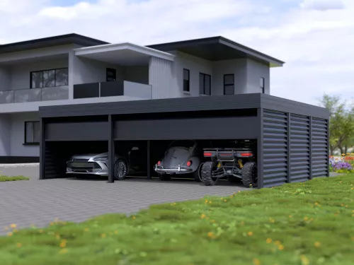 Dreiercarport STUK mit Garagentor und Garage