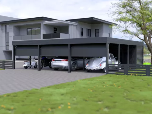 Dreiercarport STUK mit Garagentor und Geräteraum