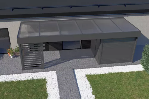 Eingangsüberdachung STUK mit Geräteraum und Wänden mit Acrylglasdach