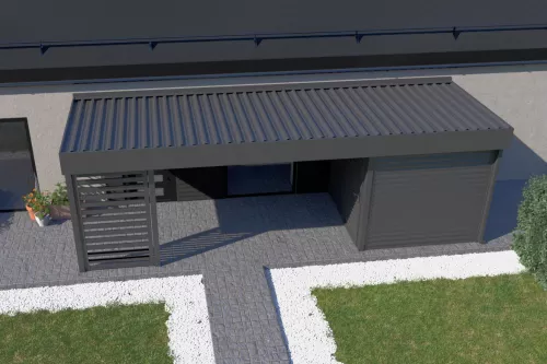 Eingangsüberdachung STUK mit Geräteraum und Wänden mit festem isoliertem Dach