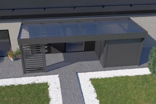 Eingangsüberdachung STUK mit Geräteraum und Wänden mit Polycarbonat-Trapezplattendach