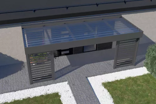 Eingangsüberdachung STUK mit Sichtschutz und Polycarbonat-Trapezplattendach