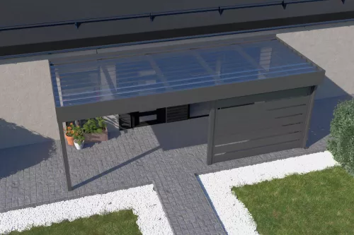 Eingangsüberdachung STUK mit Wandverkleidung und Polycarbonat-Trapezplattendach