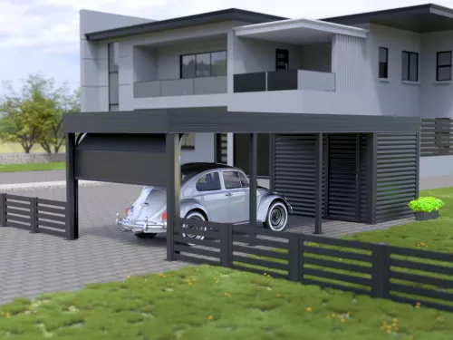 Einzelcarport STUK mit Garagentor und Geräteraum