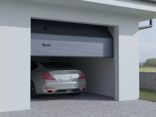 Sektionaltor STAR Special „N“ – Großlamelle-Woodgrain für normale Sturzhöhe – Individuell nach Maß mit Antrieb