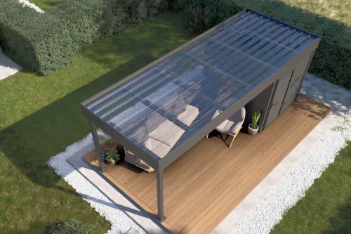Pergola STUK mit Geräteraum und Polycarbonat-Trapezplattendach
