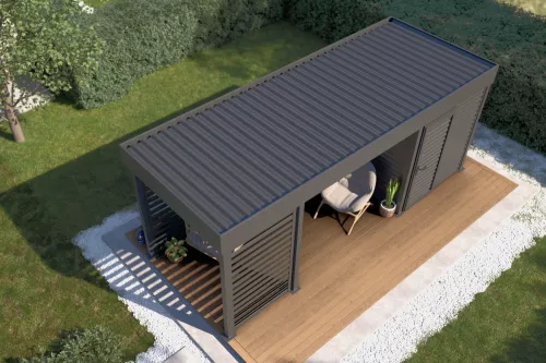 Pergola STUK mit Geräteraum und Wänden mit festem Dach