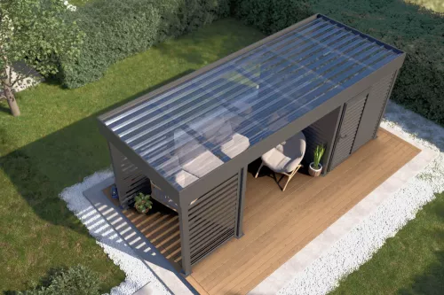 Pergola STUK mit Geräteraum und Wänden mit Polycarbonat-Trapezplattendach