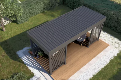Pergola STUK mit Sichtschutz und festem isoliertem Dach