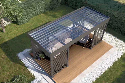 Pergola STUK mit Sichtschutz und Polycarbonat-Trapezplattendach