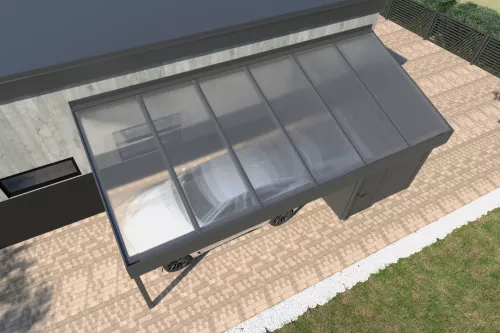 Pultdachcarport STUK mit Geräteraum und Acrylglasdach