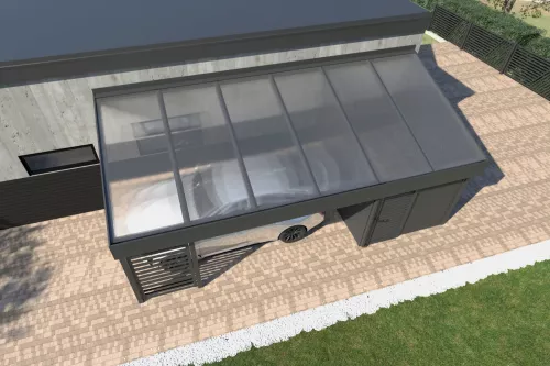 Pultdachcarport STUK mit Geräteraum und Wänden mit Acrylglasdach