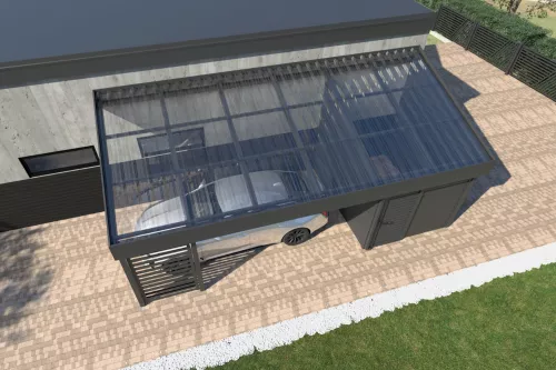 Pultdachcarport STUK mit Geräteraum und Wänden mit Polycarbonat-Trapezplattendach