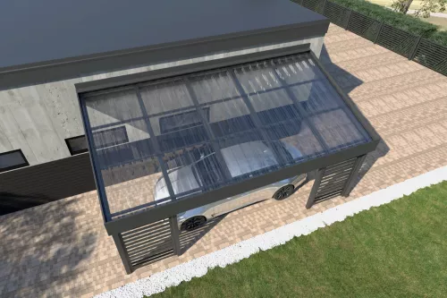 Pultdachcarport STUK mit Sichtschutz und Polycarbonat-Trapezplattendach