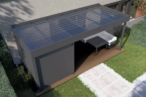 Terrassenüberdachung STUK mit Geräteraum und Polycarbonat-Trapezplattendach