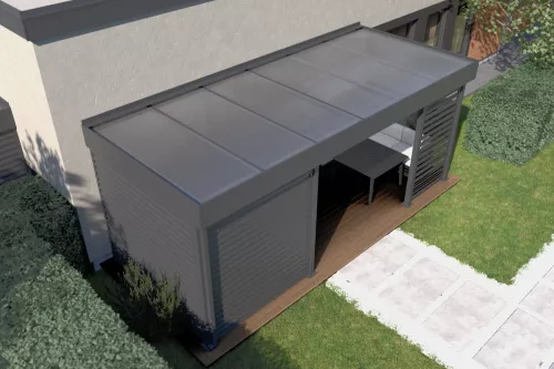 Terrassenüberdachung STUK mit Geräteraum und Wänden mit Acrylglasdach