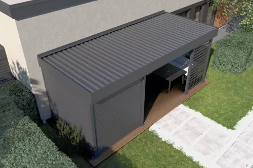 Terrassenüberdachung STUK mit Geräteraum und Wänden mit festem Dach