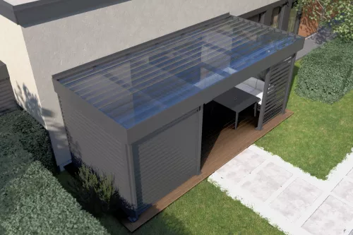 Terrassenüberdachung STUK mit Geräteraum und Wänden mit Polycarbonat-Trapezplattendach