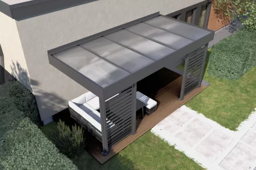 Terrassenüberdachung STUK mit Sichtschutz und Acrylglasdach