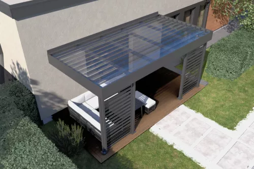 Terrassenüberdachung STUK mit Sichtschutz und Polycarbonat-Trapezplattendach